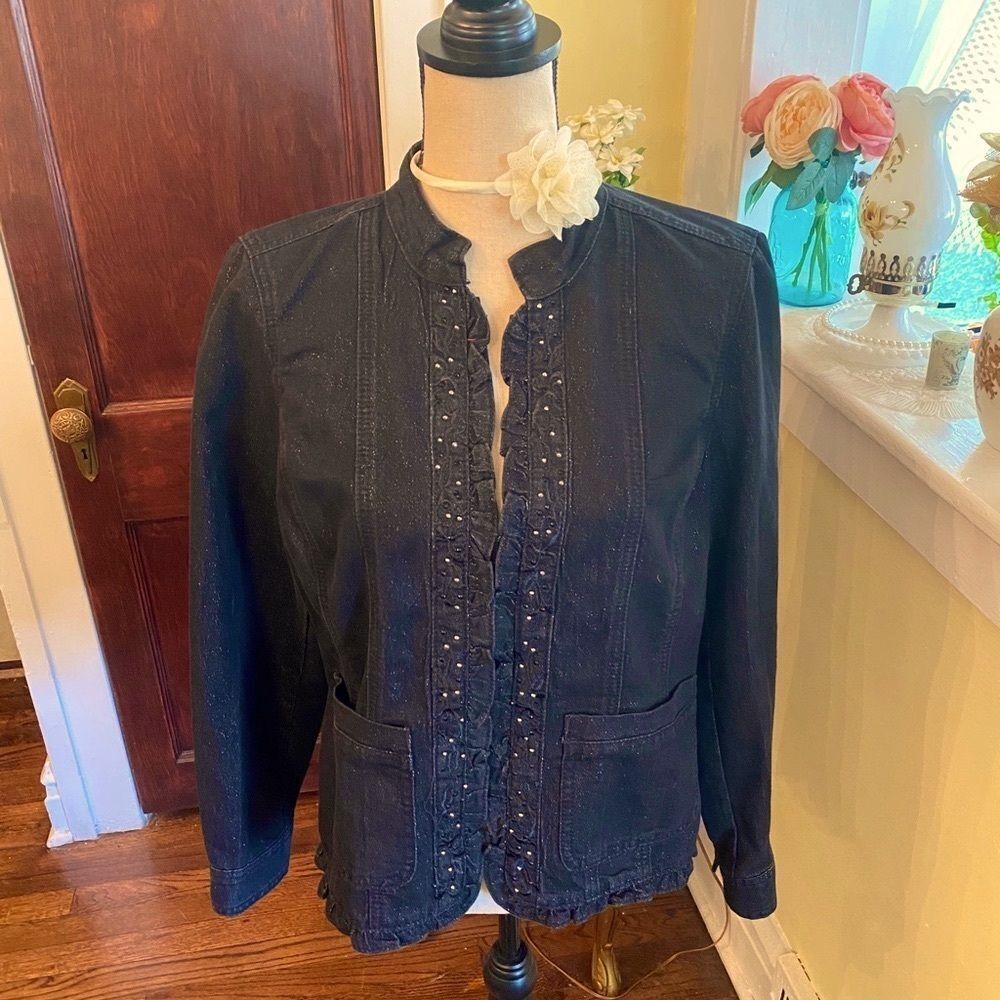 Baccini Black Glitter Ruffle Trim Jacket Ln! Sz L